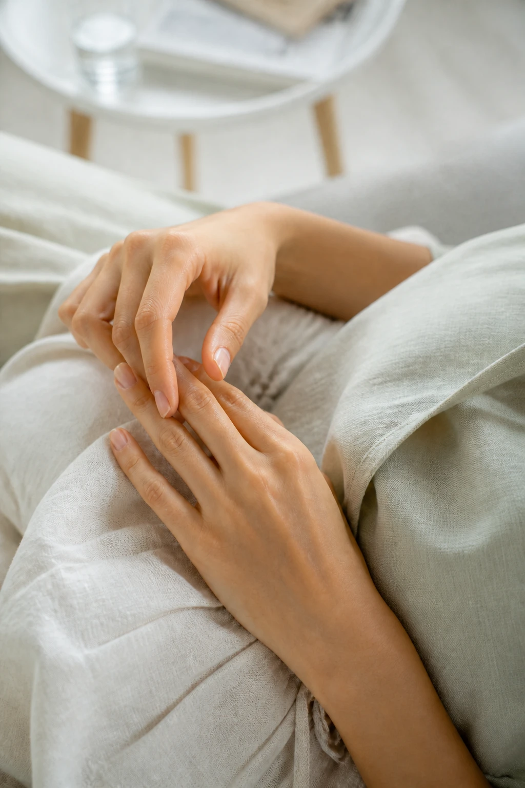 A person sitting calmly in soft daylight, hands resting in their lap